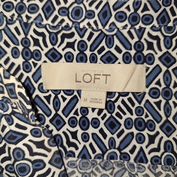 Loft blue geometric sundress Cinch waist long sleeve swing dress Medium - Picture 10 of 13